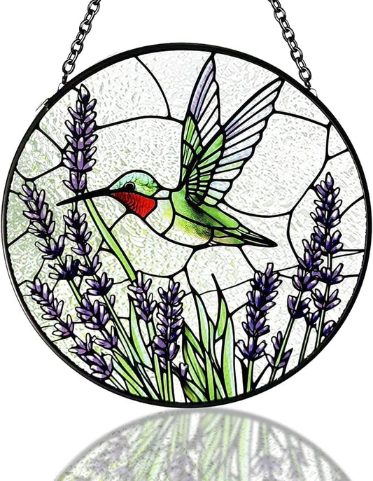 Hummingbirds Suncatcher Stained Glass, Hummingbird Suncatcher Ornament, Hummingbird Suncatcher for Grandma/Mom/Women (Purple Flower Bird)