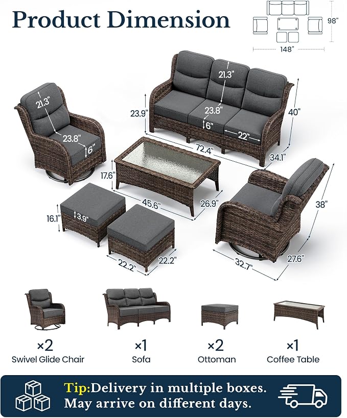 HILLGA Luxury High Back Patio Furniture Set with 6-Inch Thick Cushion, 6-Piece Outdoor Conversation Set with Sofa, Swivel Rocker Chairs & Ottomans, Ideal for Porch Pool Deck Yard (Dark Grey)