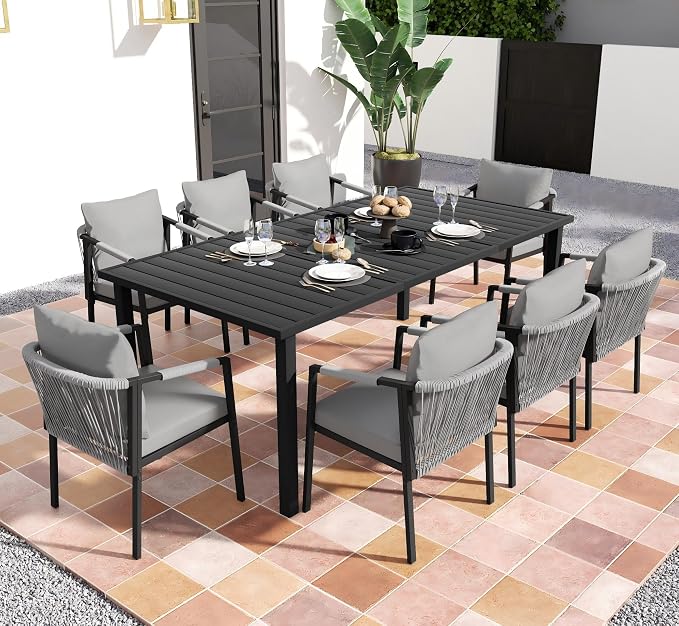 Patio Dining Set for 8, Woven Rope Dining Chairs, Cushions, for Lawn Garden | 9-piece patio dining set for 8, woven rope rattan dining table and chairs set, cushions, all-weather for lawn garden