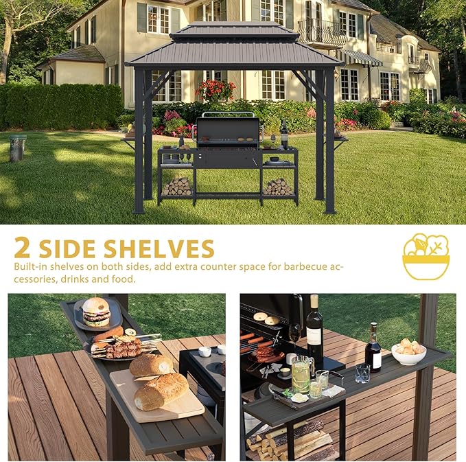 EROMMY 10' x 6' Hardtop Grill Gazebo, Outdoor Metal BBQ Gazebo with Double Galvanized Steel Roof, Permanent Grill Canopy with Side Shelves and Ceiling Hooks for Patio Deck Lawn Backyard Garden (Brown)