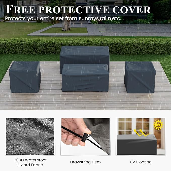Aluminum Patio Furniture with Fire Pit Table, 5 Piece Outdoor Set, Waterproof Covers for Backyard Garden (Dark Grey & Light Grey)
