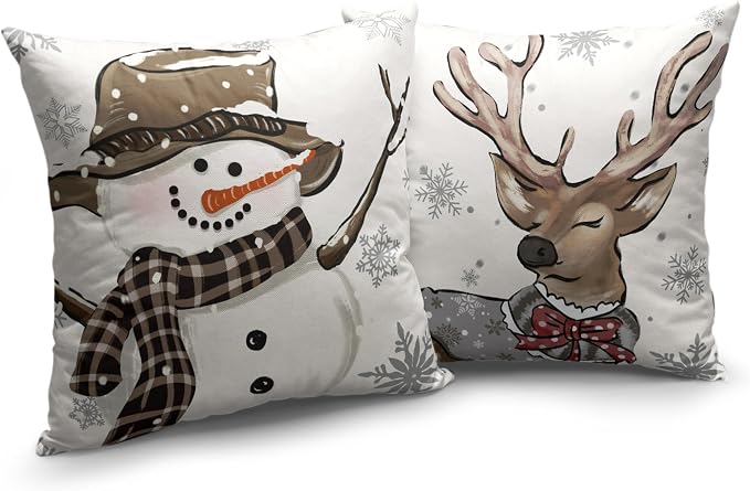 Christmas Outdoor Pillow Covers 16x16 Set of 2 Brown Snowman Reindeer with Snowflakes Throw Pillow Covers Decorative Cotton Linen Cushion Case for Home Decor Couch Living Room