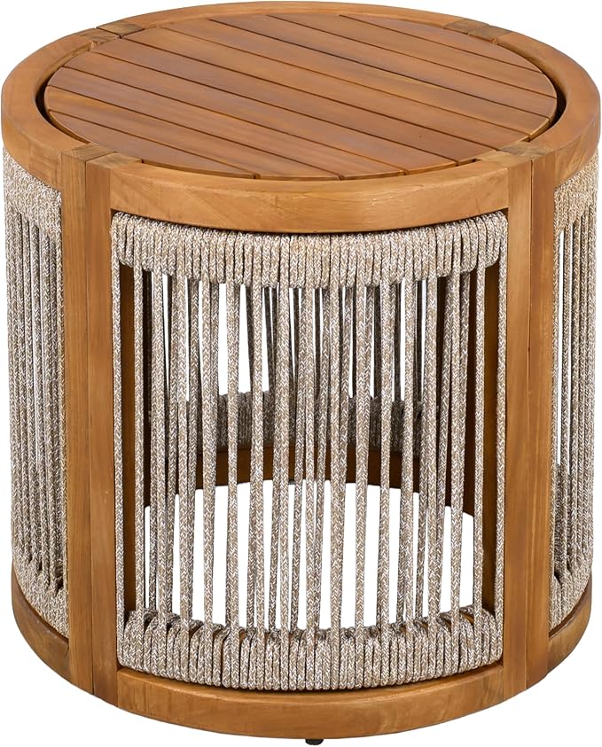 Christopher Knight Home Malphite 3 Pieces Conversation Set, Acacia Wood Chat Set, Round Coffee Table and Woven Rope Accent Chairs, Slat Design Patio Furniture Set for Backyard Garden, Beige + Teak
