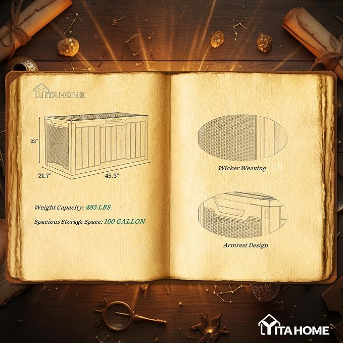 YITAHOME 100 Gallon Outdoor Storage Box, Large Water Resistant Resin Deck Box, Indoor Outdoor Lockable Storage Container for Patio, Garden, Cushions, Tools, Equipment (Dark Brown)