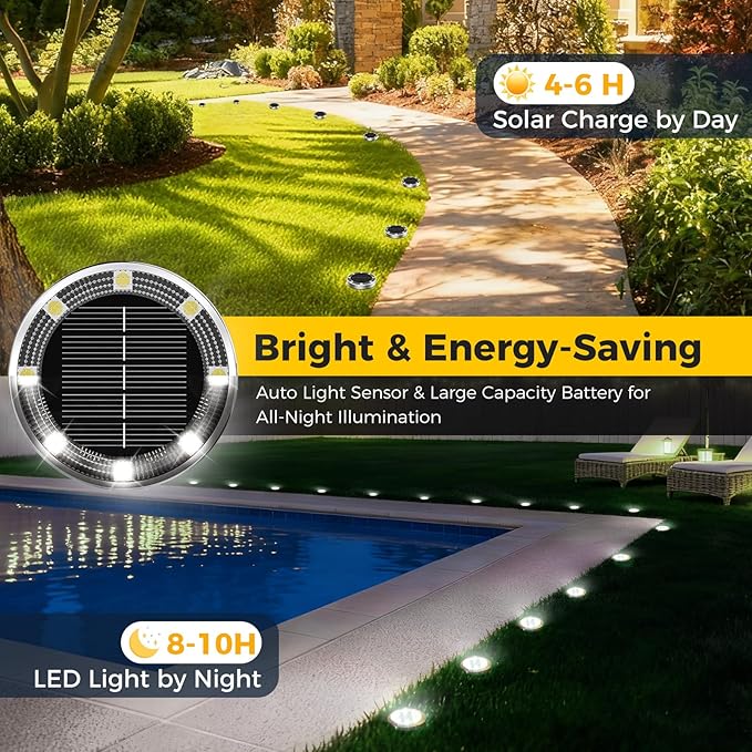4 Pack Solar Ground Lights Outdoor, Solar Powered Disc Lights for Outside, IP65 Waterproof Anti-Rust Flat Disk Light, Small Landscape Lighting for Pathway Garden Yard Walkway Driveway Lawn,Cool White