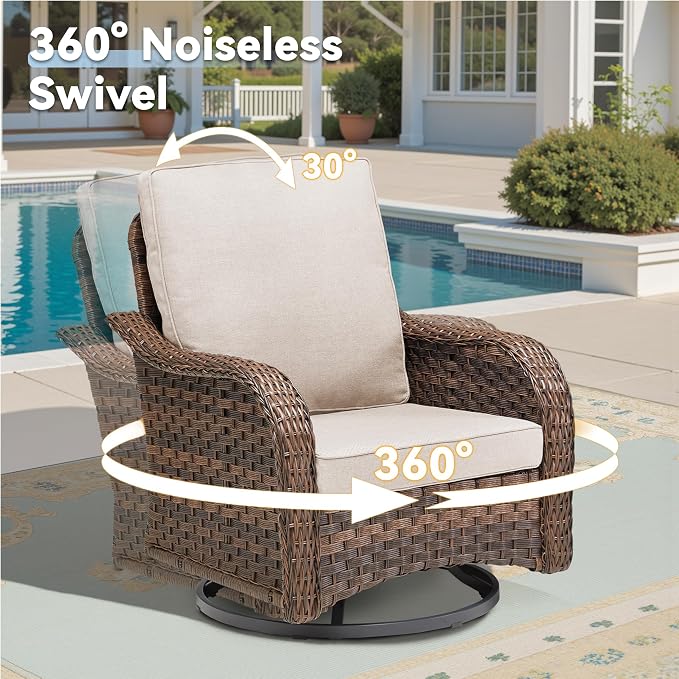 5 PCS Patio Furniture Set, Outdoor Wicker Sofa & 2 Swivel Rocking Chairs with 2 Ottomans, 4-Inch Thick Olefin Cushions, 300 lbs Capacity Rattan Conversation Set for Porch, Backyard, Beige