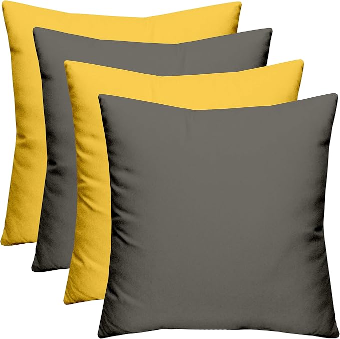 RSH DECOR Set of 4 Square Throw Pillows | Indoor/Outdoor All Weather Polyester Fabric | Decorative Accent Pillows for Patio Furniture | Reversible | 17" x 17" | Charcoal Grey + Yellow
