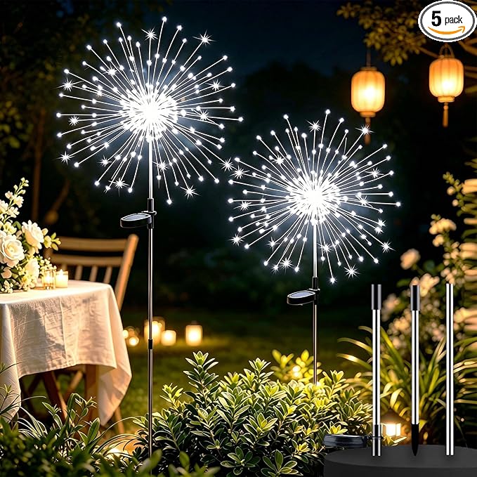 2 Pack Solar Firework Lights Outdoor, 200 LED Starburst Garden Lights, Adjustable Height 2/3-Rod 51in Taller Design, Stainless Steel, 2 Modes, IP65 Waterproof Pathway Lights for Yard Patio Lawn