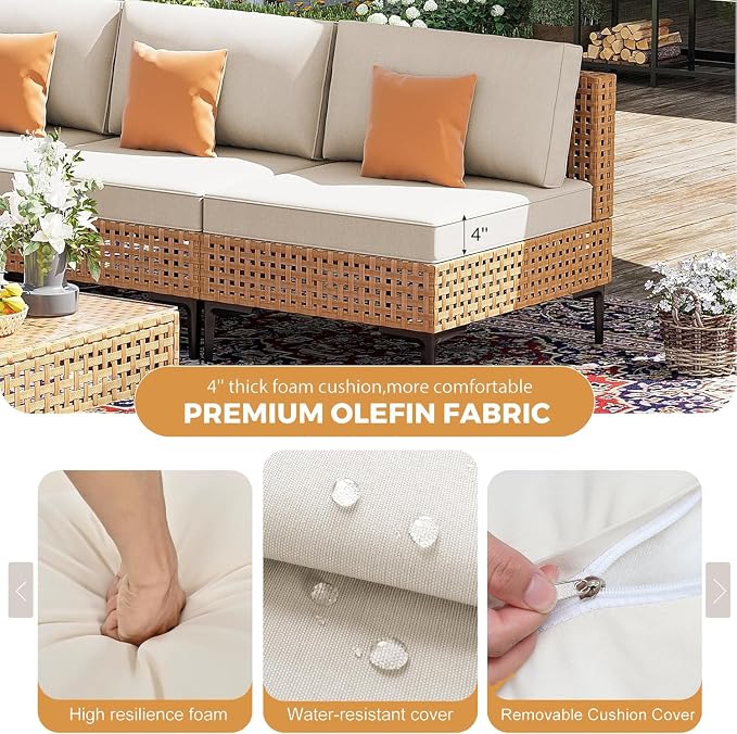Restland 7 Piece Patio Furniture Wicker Modular Design Outdoor Sectional with Thick Cushion Large Patio Set Modern Boho Outdoor Conversation Set for Backyard, Porch