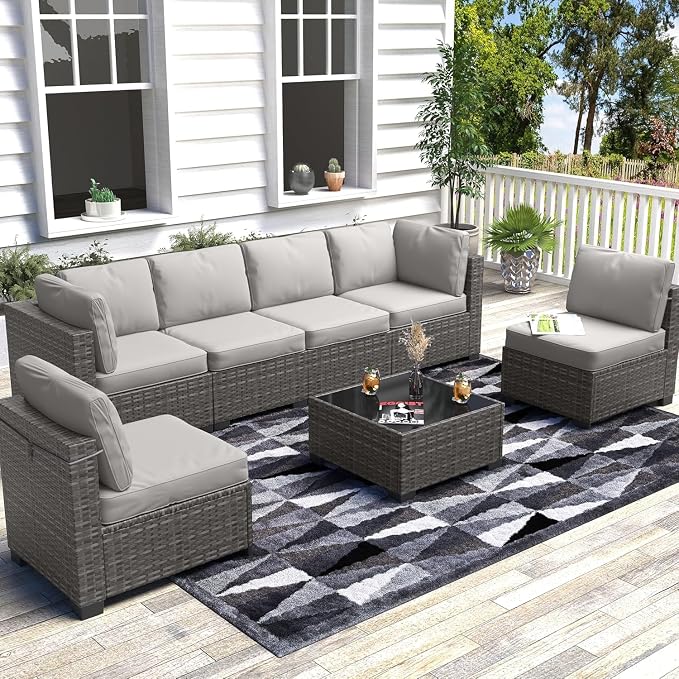 7 Piece Patio Furniture Set, All-Weather PE Wicker Sectional Sofa with Tempered Glass Coffee Table - Outdoor Conversation Set for Poolside, Garden, Porch in Grey + Light Grey