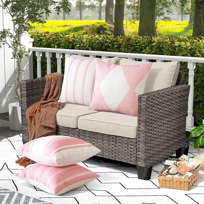 OTOSTAR Decorative Outdoor Throw Pillow Covers 16x16 Inch Waterproof Geometry Pillow Cover Garden Cushion Case Patio Outdoor Pillows Shell for Couch Indoor Tent Park Furniture Balcony Set of 4 (Pink)