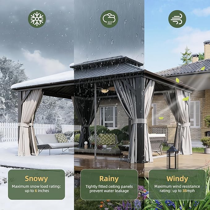 Aoxun 12’x16’ Hardtop Gazebo, Permanent Metal Pavilion with Galvanized Steel Double Roof, Outdoor Pergola with Nettings and Curtains for Lawn, Garden, Patio (Gray)