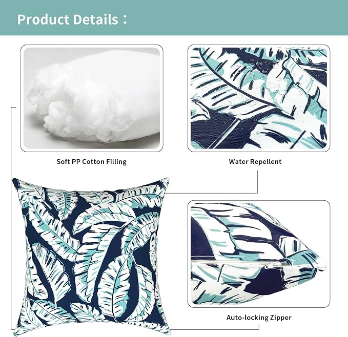 Outdoor Pillows for Patio Furniture 18x18 inch, Square Outdoor Throw Pillows with Inserts, Decorative Toss Pillows for Garden Couch Home Sofa Office Chair, Pack of 2, Baltic Palms White