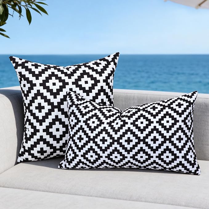 Geometric Outdoor Waterproof Pillow Covers 18x18 Inch Set of 2 | Black and White Modern Geometric Throw Pillows Cover, Decorative Cushion Covers for Summer Patio Garden Porch Sofa