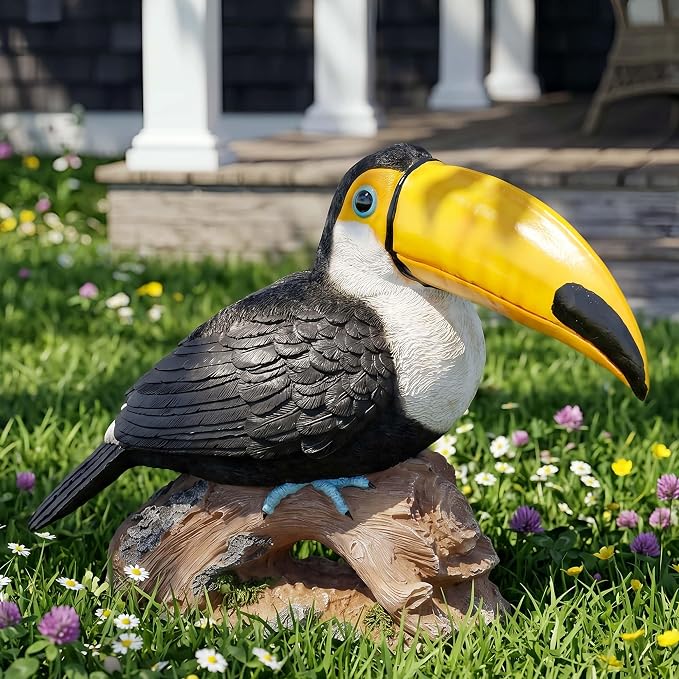 14.2" Real Toucan Statue,Colorful Outdoor Bird Decor Sculpture - Bird Outdoor Animal Ornament, Tropical Tiki Bar Decor, Waterproof & Weather-Resistant, Perfect for Garden, Patio, Yard (Red)