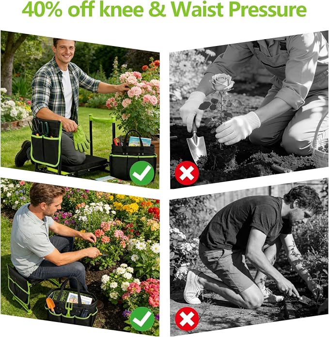 Garden Kneeler and Seat, Heavy Duty Gardening Stool with 1.8" Thick Detachable Kneeling Pad, Foldable Bench Chair with Tool Pouch and Bag for Knee & Back Pain Relief for Women, Men, Seniors (Green)