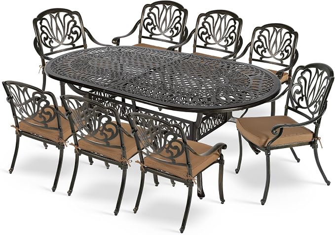 MEETWARM 9-Piece Outdoor Patio Dining Set- 8 Outdoor Dining Cushioned Chairs and 1 Oval Table with 2" Umbrella Hole, All Weather Cast Aluminum Patio Funiture Set for Backyard, Patio, Garden