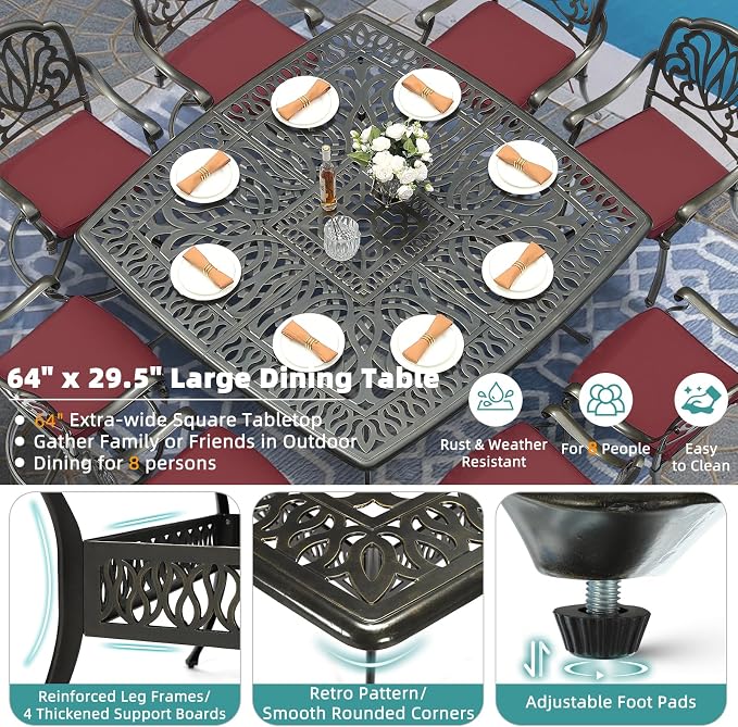 MEETWARM 9-Piece Outdoor Patio Dining Set for 8, All Weather Cast Aluminum Patio Funiture Table and Chairs Set- Large 64" Square Table and 4 Swivel Rocker Chairs, 4 Stationary, Umbrella Hole, Red