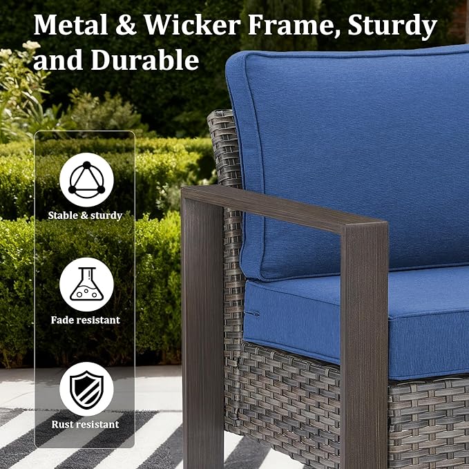 8-Piece Outdoor Patio Furniture Set with 4 Swivel Chairs, All-Weather Wicker Sofa Set for Garden, Yard, Porch and Poolside Seating, Grey/Blue