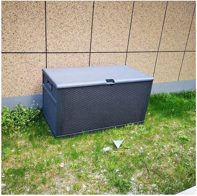 Leisurelife Plastic Deck Box Wicker 120 Gallon, Gray - Water-resistant Storage Container Outdoor Patio Garden Furniture