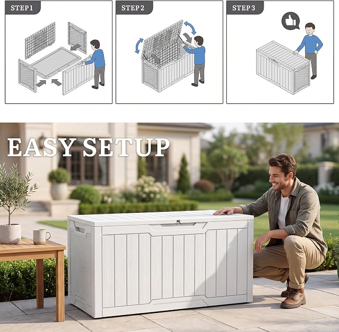 YITAHOME 100 Gallon Large Outdoor Deck Box, Waterproof Resin Storage Box, Lockable Indoor Outdoor Storage Container for Patio Furniture Cushions, Pool Accessories, Garden Tools, White