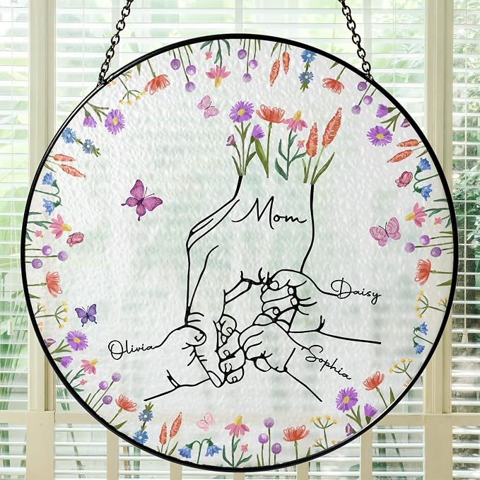 Personalized Family Hand Holding Suncatcher - Custom Number of Hands & Names - Stained Glass Window Hanging - Mother's Day, Birthday Gift for Mom, Grandma (Mom Hand Holding Kids)