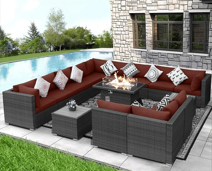 NICESOUL 15 Piece Outdoor Patio Furniture Set with Fire Pit, Extra Large Wide Outdoor Deep Seated Sectional, Cozy 29.3'' High-Back Modular Couch, 500 Lbs High Weight Capacity Wicker Sofa, Gray & Red