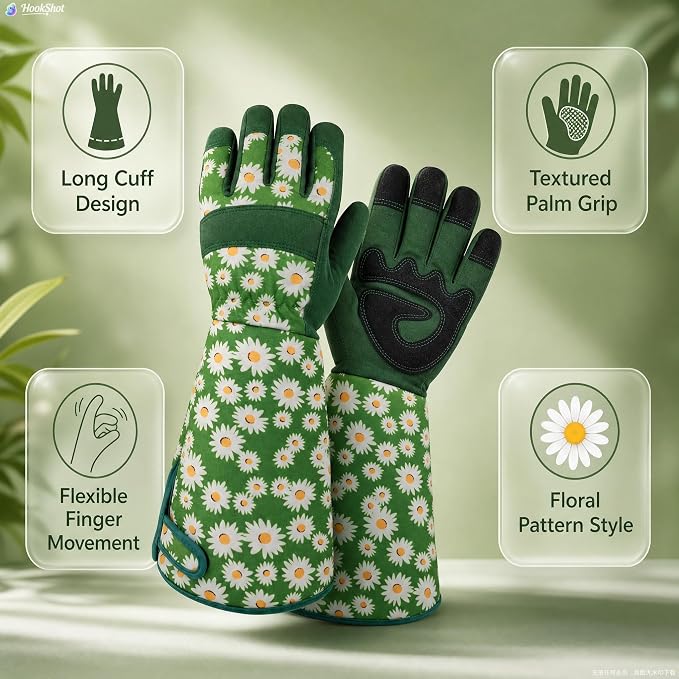 Thornproof Rose&Cactus Gardening Gloves,Gauntlet Garden Glove,Gifts | Canvas,Cute Floral Pattern,Leather Palm,Touchscreen,Durable Material,Garden Gift,Men&Women,Machine Washable,Adjustable Cuff