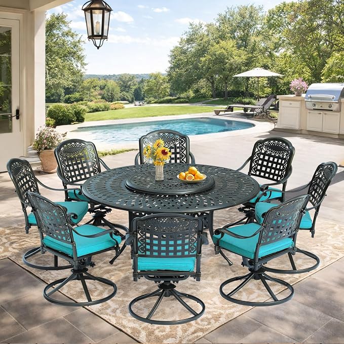 VIVIJASON 9-Piece Outdoor Furniture Dining Set, Rust-Free Cast Aluminum Patio Conversation Set, Include 8 Swivel Dining Chairs & 61" Round Dining Table with 31" Lazy Susan, Umbrella Hole, Ocean Blue