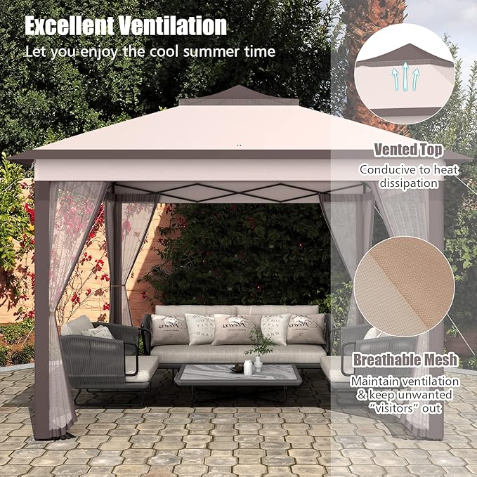 Tangkula 11x11 Ft Pop up Gazebo, 2-Tier Patio Gazebo with Netting, Carry Bag, Easy Set up Outdoor Gazebo with 121 Square Feet of Shade for Backyard, Deck, Poolside (Beige)