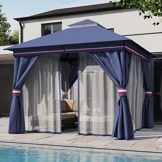 LAUSAINT HOME 10'x10' Outdoor Gazebo, Metal Frame Heavy Duty Patio Canopy Tent Shelter with Double Roofs, Mosquito Nettings and Privacy Screens for Backyard, Garden, Lawn, Classic Blue