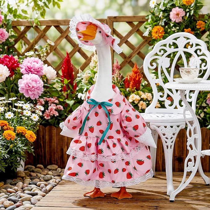 Spring Porch Goose Outfit Strawberry Porch Goose Clothes for 23 Inch Lawn Cement or Plastic Geese Statue Geese Skirt Costume with Hat Dress for Summer Outdoor Patio Yard Garden Holiday Decor