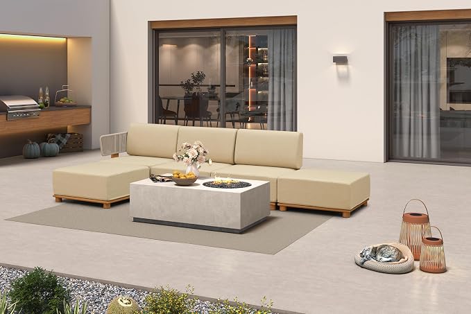PURPLE LEAF Patio Furniture Set Modular L-Shaped Outdoor Sectional Sofa with 11" Thick Olefin Cushion 5-Piece Outdoor Conversation Set w/Coffee Lights for Backyard Poolside Ottomans Included, Beige