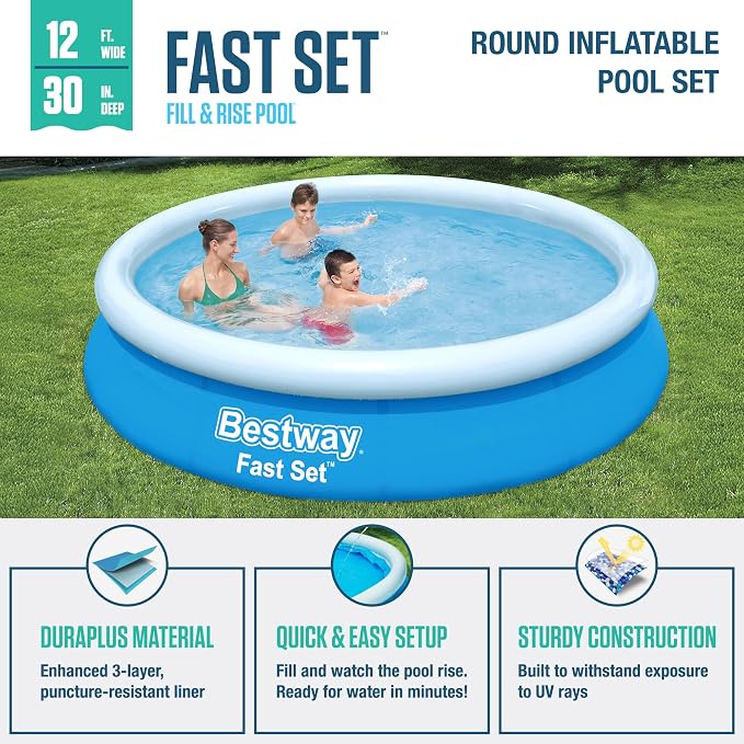 Bestway Fast Set 12 Foot x 30 Inch Round Inflatable Ring Above Ground Swimming Pool Set Easy Setup Backyard Outdoor Family Pool with Filter Pump