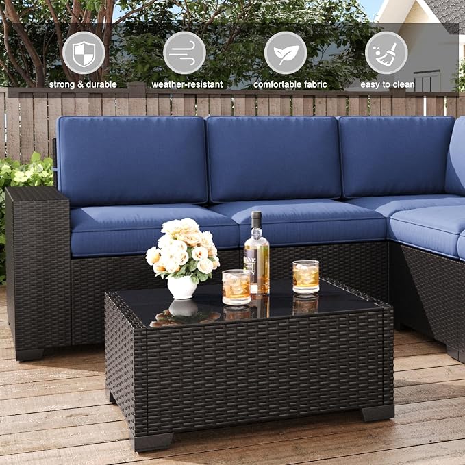 LayinSun 7 Pieces Patio Furniture Set with Fire Pit Table, Black Rattan Modular Sectional Patio Conversation Sofa Set