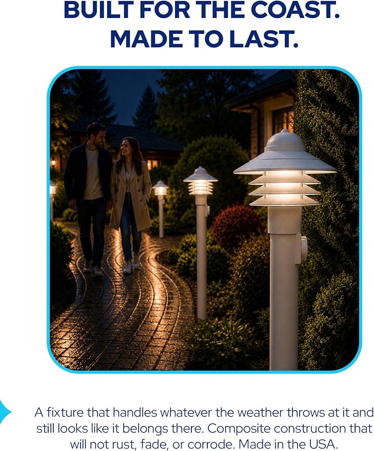 Nautical Post Mount Outdoor Lighting, Salt-Air Tough Rust-Proof Non-Metallic Coastal Lamps, Fits 3" Poles, UL Listed Dock Patio Fence Deck Porch Outdoor Walkway Lights, USA Made, Matte White | Anti-Rust, Waterproof Coastal Outdoor LED Lighting for Yard...