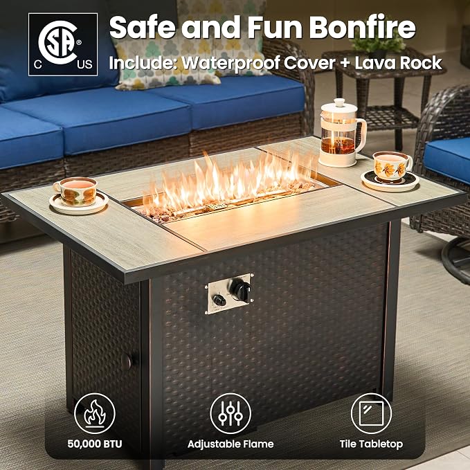 ovios 8-Piece Patio Furniture Set with Swivel Chairs Side Table, Outdoor Wicker Sofa with 42" Fire Pit Table, High Back Couch Modern Conversation Sets, Brown/Navy Blue