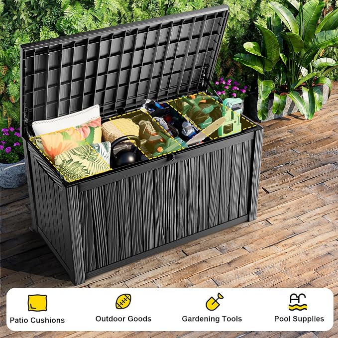 200 Gallon Outdoor Storage Box Waterproof, Large Deck Box Durable Resin Storage Bin with Lid for Patio Furniture Cushions Garden Tools (Black, 200 Gallon)