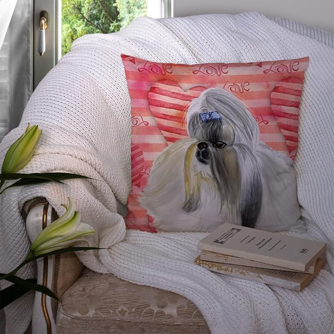 Caroline's Treasures BB9753PW1414 Shih Tzu Love Fabric Decorative Pillow, Red Machine Washable, Indoor Outdoor Decorative Pillow for Couch, Bed or Patio, 14Hx14W