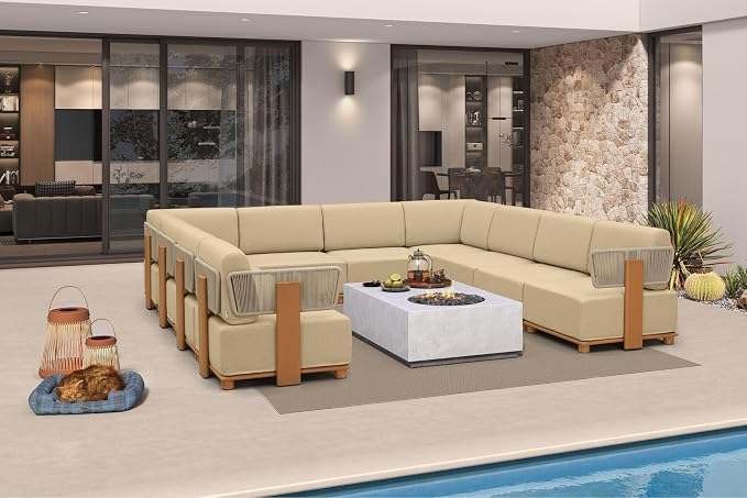 PURPLE LEAF Patio Furniture Set Modular U-Shaped Outdoor Sectional Sofa with 11" Thick Olefin Cushion 10-Piece Outdoor Conversation Set with Coffee Lights for Patio Backyard Garden Poolside, Beige