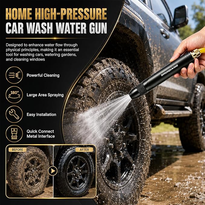 Home High-Pressure Car Wash Water Gun with Booster Nozzle,2026 New Multi-Function Water Jet Nozzle for Car,Black High Pressure Washer for Car Washing and Outdoor Cleaning(B)