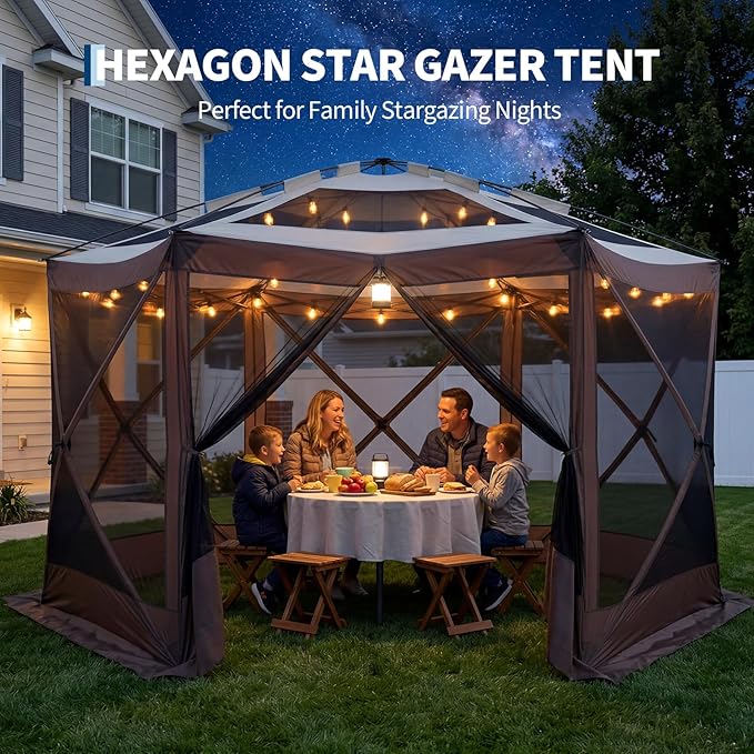 GarveeHome 13x13FT Pop Up Gazebo Screen Tent, 6-Sided Canopy with Starry Sky Top, 210D Oxford Water-Proof Instant Shelter with Mosquito Netting for Backyard Camping, Khaki & Beige