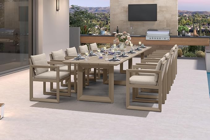PURPLE LEAF 11-piece Outdoor Dining Set Aluminum Oversize Patio Furniture Table and Chairs Set with All Weather Thick Cushion Rectangular Patio Dining Sets for Large Backyard Garden Poolside, Khaki