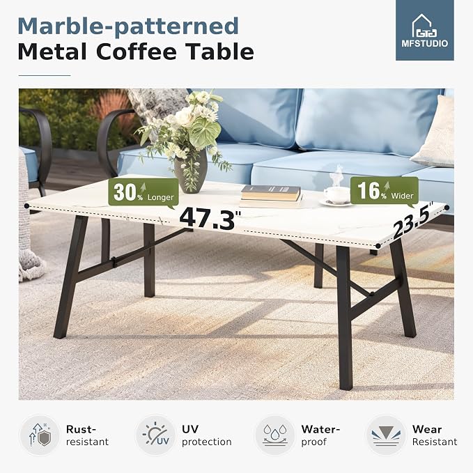 MFSTUDIO 6 Pieces Metal Patio Furniture Sets, 2 Swivel Chair, 1 Deep Seating 3-Seat Sofa, 2 Ottoman & 1 Marbling Coffee Table, All Weather 7 Seats Outdoor Conversation Set for Garden Backyard, Blue