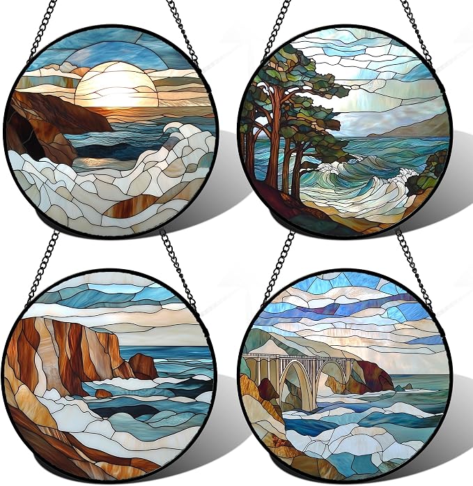 DASTOLL Stained Glass Window Hanging 4 Pcs Set Ocean Waves 7.8" - Blue and White Sea Suncatcher Door Garden Sun Catcher Decor Birthday Christmas for Mom Woman Nana Men