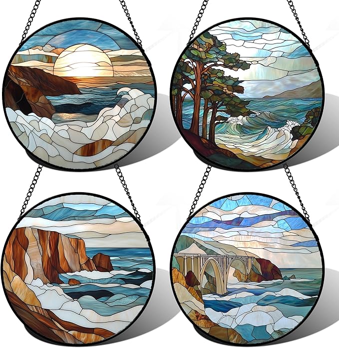 DASTOLL Stained Glass Window Hanging 4 Pcs Set Ocean Waves 6.3" - Blue and White Sea Suncatcher Door Garden Sun Catcher Decor Birthday Christmas for Mom Woman Nana Men