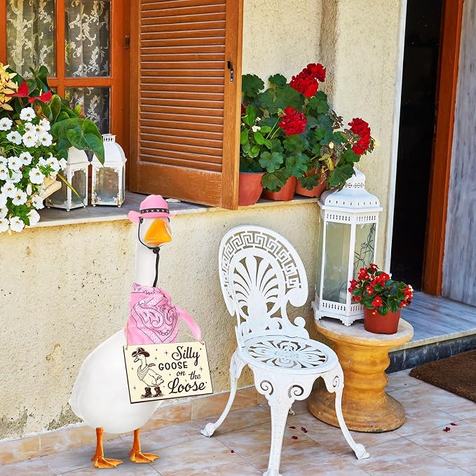 Funny Porch Goose Outfit Decoration Set Silly Goose on The Loose Hangings Sign Cowboy with Outfit Cowboy Hat Bandana for 23" Cement/Plastic Outdoor Statue Patio Yard Lawn Art(Pink)