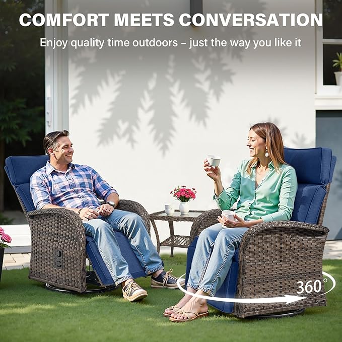 Dual-Adjust Swivel Outdoor Recliner Chair Set of 3 - Reclining Patio Chair with Adjustable Backrest and Footrest, All-Weather Wicker Chaise Lounge Outdoor with Side Table for Pool Deck Brown and Blue