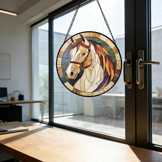 DASTOLL Stained Glass Window Hanging, Animal Horse Colored Mane Sun Catchers Glass Panel Cool Suncatcher Decor for Birthday for Women, Men, Wife, Aunt, and Mom 9.8 in