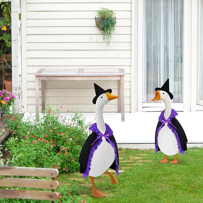 Witch Goose Outfit Halloween Costume for Lawn Decor, Cute Porch Goose Clothes for Outdoor Garden Yard Patio Cement Statue Art